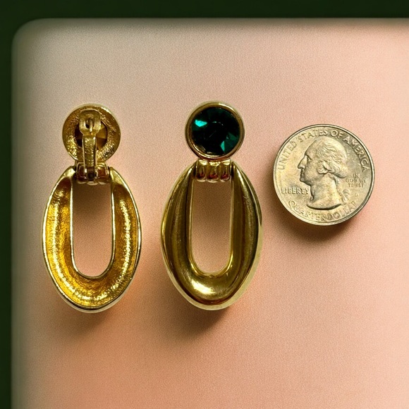 Vintage Givenchy Gold and Green Gem Pierced Door Knocker Earrings - Picture 3 of 4